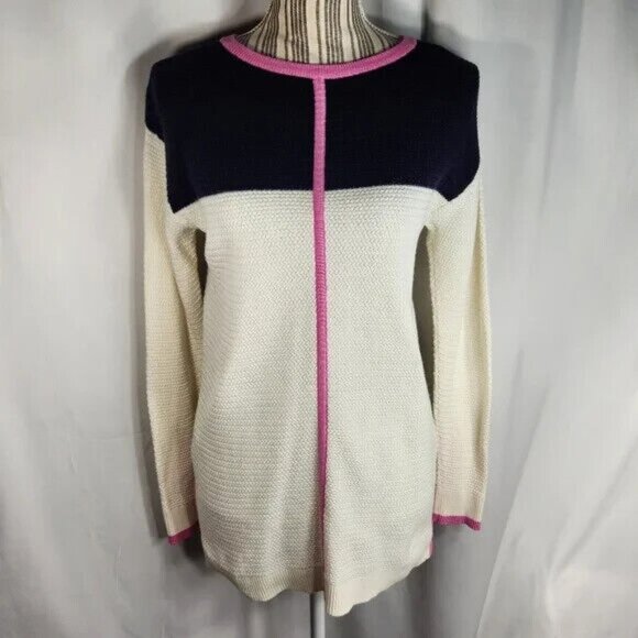 Talbots White Navy Pink Long Sleeve Zipper Slits Tunic Sweater Size Small - Picture 1 of 7